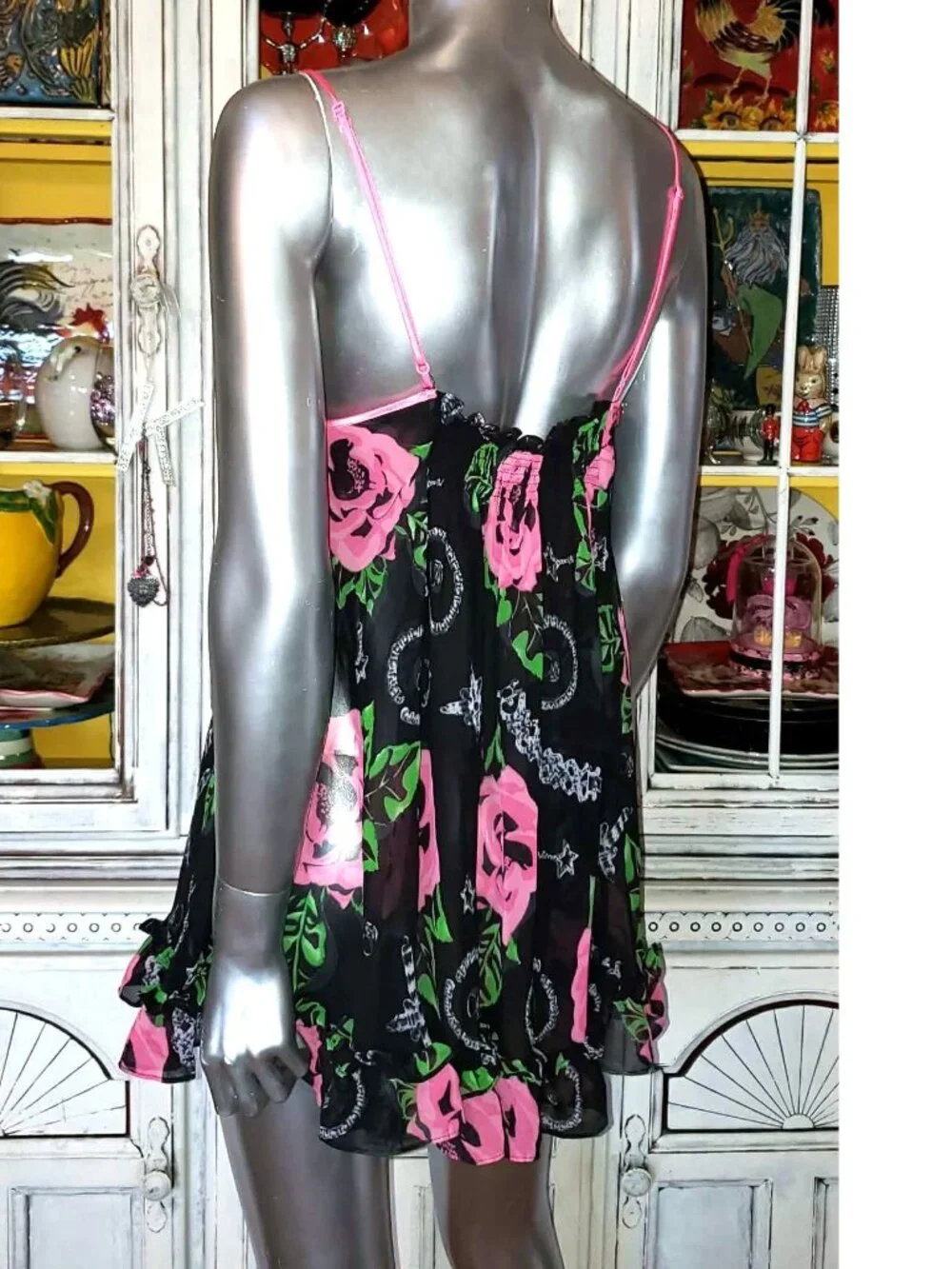 Vintage Betsey Johnson Slip Dress Y2K Black Floral Rose Jewelry Print Babydoll S - Picture 10 of 15